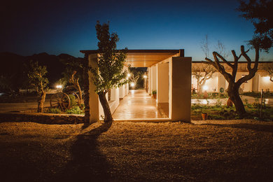 Immagine di un giardino country esposto in pieno sole di medie dimensioni e in cortile in estate con un muro di contenimento e pavimentazioni in cemento