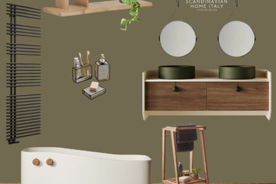 Immagine di un bagno di servizio di medie dimensioni con ante lisce, pareti verdi, pavimento in gres porcellanato e mobile bagno sospeso