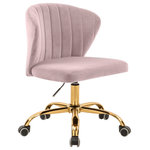 Meridian Furniture - Finley Swivel and Adjustable Velvet Upholstered Office Chair, Pink, Gold Base - Count on the Finley Velvet Office Chair to give them something to talk about around the water cooler. This beautiful office chair has a svelte seashell-inspired back that's channel tufted for sumptuously inviting look and added comfort to help you get through those long hours chained to your desk. Reward yourself for the VIP you are with this chair that's upholstered in soft pink velvet that feels luxurious against the skin no matter how hard you work. The rich gold base features five casters to make it easy to roll from your workstation to the printer, and this swiveling chair's adjustable for added comfort.