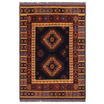 Bareens Designer Rugs - Antique Kargahi Zulma Blue/Gold Wool Rug - 6'3'' x 9'6'' - Create a new dimension of style in your home with this breath-taking semi-antique hand knotted Kargahi rug featuring incredible luxurious texture and appearance. Featuring vibrant awe-inspiring color pallet with an intricate geometrical design inspired by Uzbek and Kazak style, these one-of-a-kind rugs are a unique piece of world art that will enhance your living space. Made by skilled Uzbek Afghan master weavers in hand-spun wool and all vegetable dyes, Kargahi rugs blend in traditional to modern decor seamlessly.