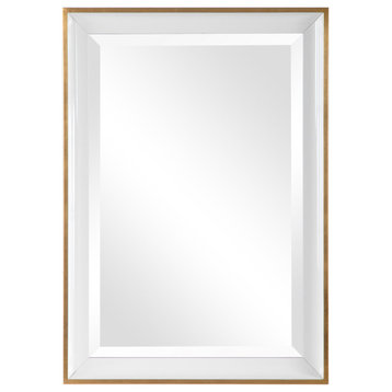 Elegant Gloss White Gold Wall Mirror 34" Vanity Clean Lines Classic Modern