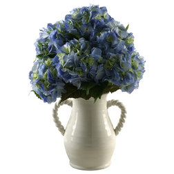 Mediterranean Artificial Flower Arrangements Artificial Blue Hydrangeas in White Ceramic Vase