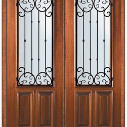 Pre-hung Double Door 96 Wood Mahogany Valencia 2/3 Lite Wrought Iron - Front Doors