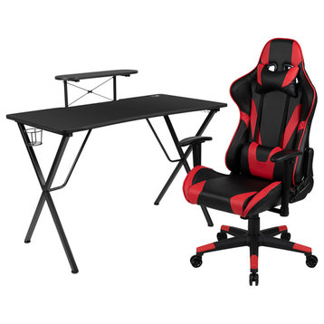 Gaming Desk and Reclining Chair Set With Headphone Hook/Monitor Stand, Red