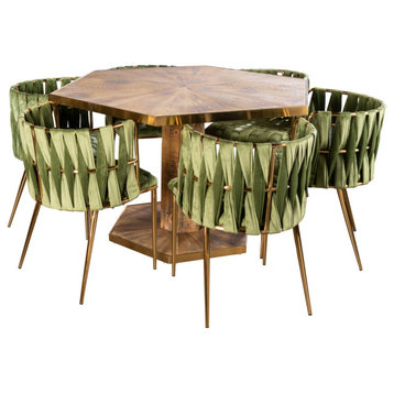 Sunburst Wood Hexagon Dining Table Set, Green