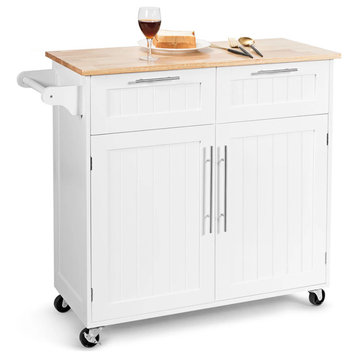 Elegant Kitchen Cart, Grooved Cabinet Doors & Drawers With Silver Pulls, White