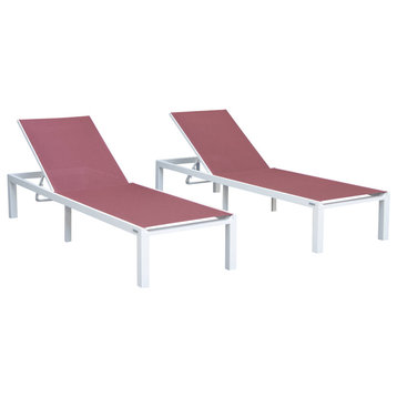 LeisureMod Marlin Patio Chaise Lounge Chair With White Frame, Set of 2, Burgundy