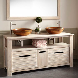 60" SIMMONS TEAK DOUBLE VESSEL SINK VANITY - WHITEWASH - Bathroom Vanities And Sink Consoles