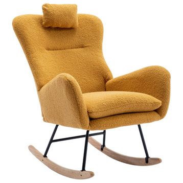 TATEUS 35.5" Rocking Chair, Soft Teddy Velvet Fabric Rocking Chair, Yellow