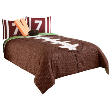 5 Piece Twin Comforter Set With Football Field Print, Brown And Green