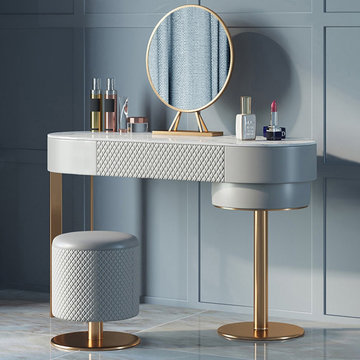 Gray Modern Makeup Vanity Set with Drawer Mirror & Leather Stool Included