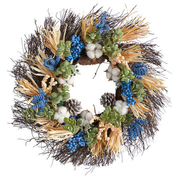 22" Autumn Cotton, Eucalyptus, Berries and Pinecones Artificial Fall Wreath