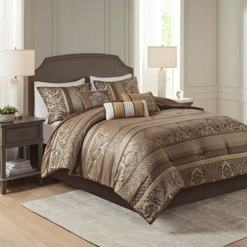 Madison Park Bellagio 7 Piece Jacquard Comforter Set in Brown/Gold