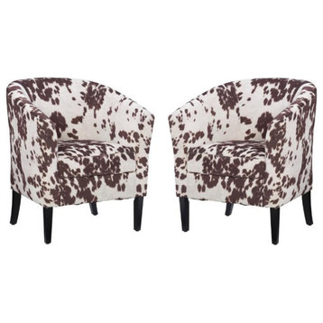 Home Square 2 Piece Wood Upholstered Cowprint Barrel Chair Set in Brown