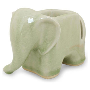 Green Elephant Celadon Ceramic Card and Clip Holder, Thailand