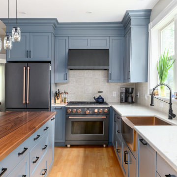 Blue Paint and Walnut Kitchen - Auburndale, MA