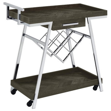 Pemberly Row 1-drawer Contemporary Wood Bar Cart w/ Shelving in Gray & Chrome