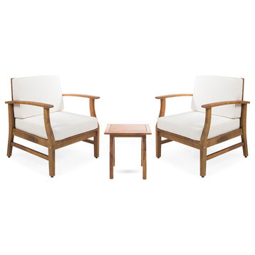 GDF Studio 3-Piece Pearl Outdoor Acacia Wood Chat Set With Cushions, Cream