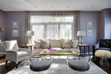 Transitional formal dark wood floor living room photo in Boston with purple walls and no fireplace