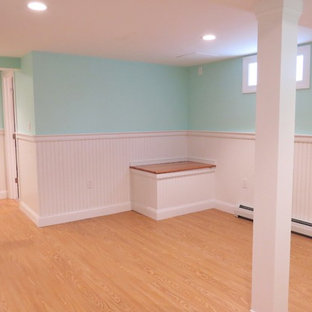 Photo of an expansive coastal look-out basement in Boston with blue walls, light hardwood flooring and no fireplace.