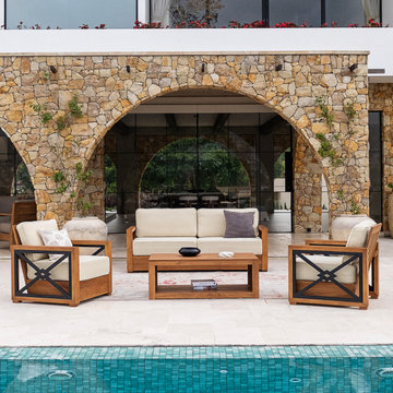 Provence Teak Wood 4 Piece Patio Conversation Set with Ivory Cushion