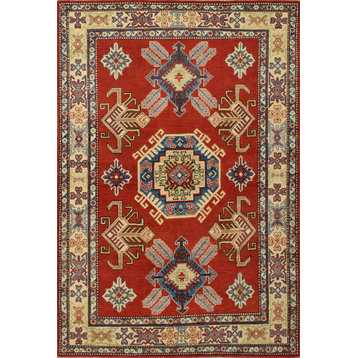 Geometric Kazak Carpet 4’10” x 7’2” Red Wool Tribal Hand-Knotted Oriental Rug