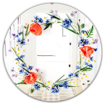 Designart Orange And Blue Flowers Cabin And Lodge Round Decorative Mirror, 32x32