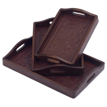 Novica Floral Melody Mohena and Leather Trays, 3-Piece Set