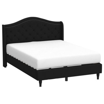 Contemporary Platform Bed, Curved Black Headboard With Diamond Tufting, Full