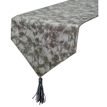 Decorative Table Runner Grey Faux Leather 14"x48" Tassels - Charcoal Chrome