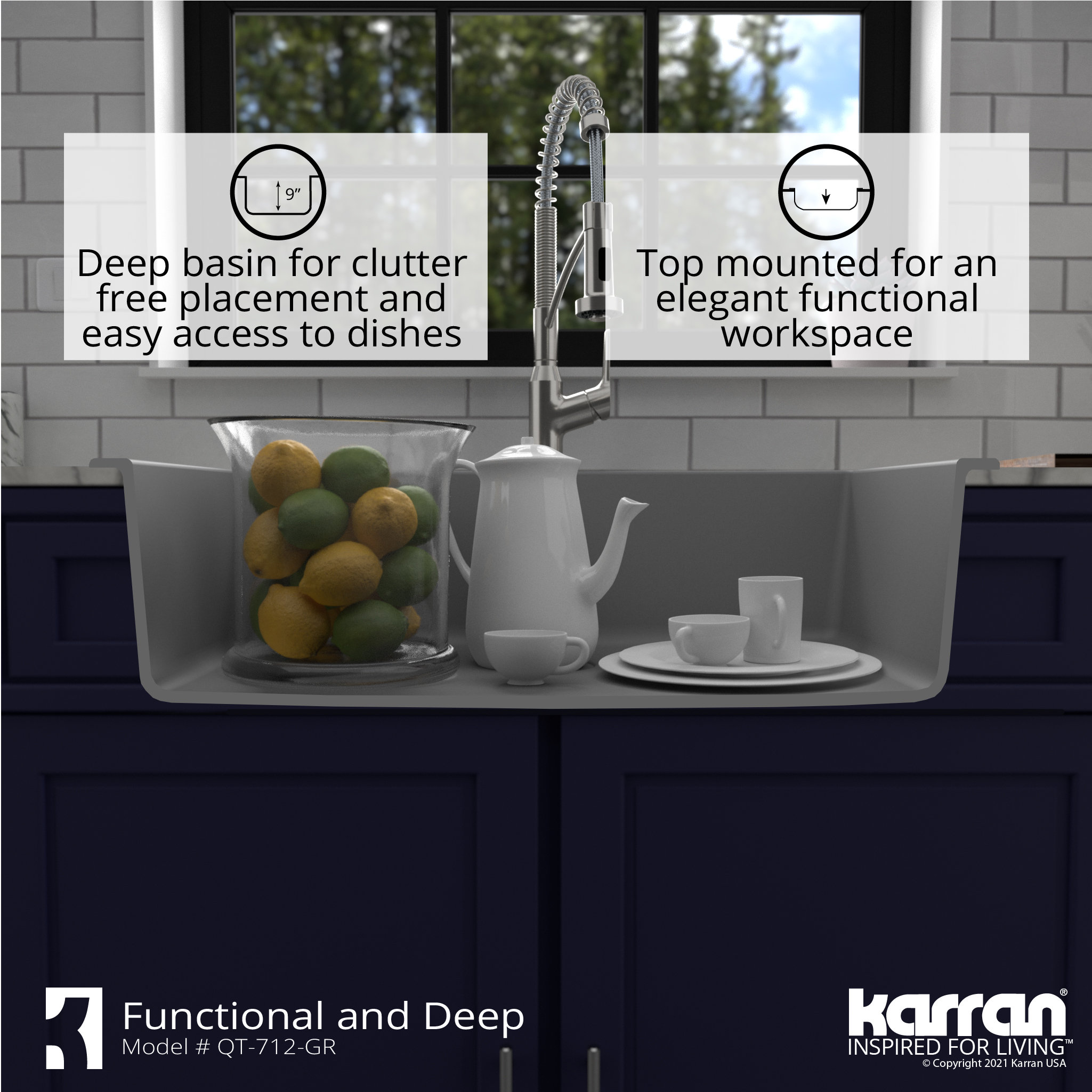 Karran Drop-In Quartz Composite 33" 1-Hole Single Bowl Kitchen Sink Kit, Grey
