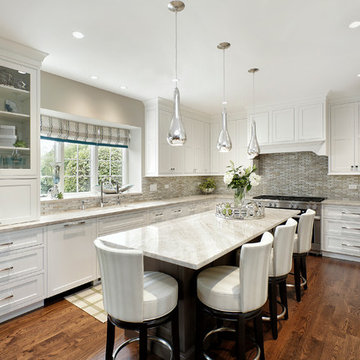 Transitional White kitchen with Upholstered Counter Stools, Quartzite Countertop