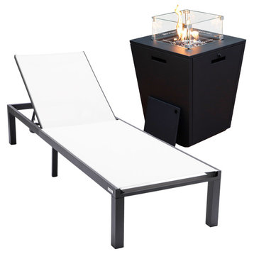 LeisureMod Marlin Black Patio Chaise Lounge Chair with Fire Pit Table, White