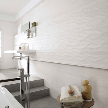 Bright White Space Maximizing Bathroom with Wavy 3D Wall Tile from Venis