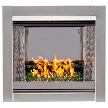 Vent-Free Stainless Outdoor Gas Fireplace Insert, Emerald Green Fire Glass Media