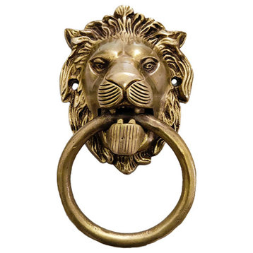 7" Lion Head Door Knocker, Aged Brass Un-Lacquered