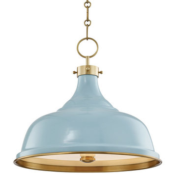 Painted No.1 3 Light Pendant in Aged Brass/Blue Bird with Blue Bird Shade