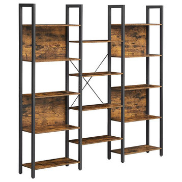 Bookcase, Wide Design With Metal Frame & Multiple Open Shelves, Brown/Black