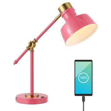 Allegra 18.5" Adjustable Cantilever LED Task Lamp, USB Charging Port, Pink/Brass Gold