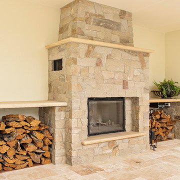 Sandstone Fireplace, Travertine Flooring