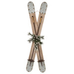 Glitzhome,LLC - 35" Christmas Wooden/Galvanized Ski Decor - Christmas cross holiday "Merry Christmas" decorative sleigh. Made of wood with metal decoration. Perfect decorative item for Christmas tree and the holiday season.