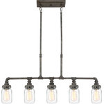 Quoizel - Quoizel Squire Five Light Island Chandelier SQR538RK - Five Light Island Chandelier from Squire collection in Rustic Black finish. Number of Bulbs 5. Max Wattage 100.00 . No bulbs included. Shabby chic, industrial, rustic��_the Squire Collection contains all of these elements in one, cohesive design. The fixture body is comprised of pipes and elbows finished in a Rustic Black which features an aged appearance. The beautiful clear glass mason jars are embellished with fruit-inspired designs that encase vintage-style bulbs completing the farmhouse style. (Please note that the vintage bulbs are not included but are available for purchase.) No UL Availability at this time.