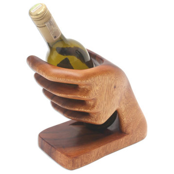 Novica Handmade Lend A Hand Wood Wine Holder