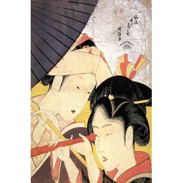 Young Woman Looking Through A Telescope by Katsushika Hokusai, art print