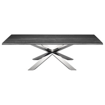 Orsino Dining Table Oxidized Gray Oak Top Polished Stainless 112"