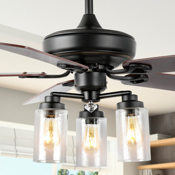 Lucas 52" 3-Light Rustic Mobile-App/Remote-Controlled Ceiling Fan, Black/Clear