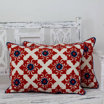 NOVICA Romantic Red And Embroidered Cushion Covers  (Pair)