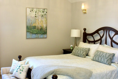 Bedroom - large mid-century modern master carpeted and multicolored floor bedroom idea in Vancouver with gray walls