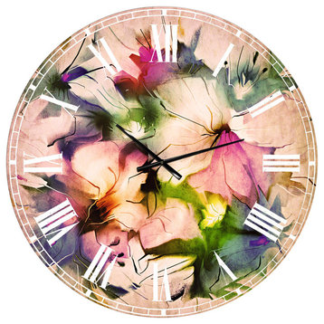 Watercolor Floral Bouquet Floral Round Metal Wall Clock, 36x36