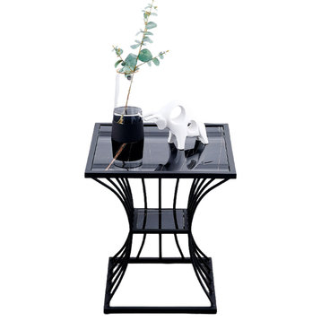 Gold/Black Tempered Glass Small Side Table with Iron Legs, Black, L19.7"